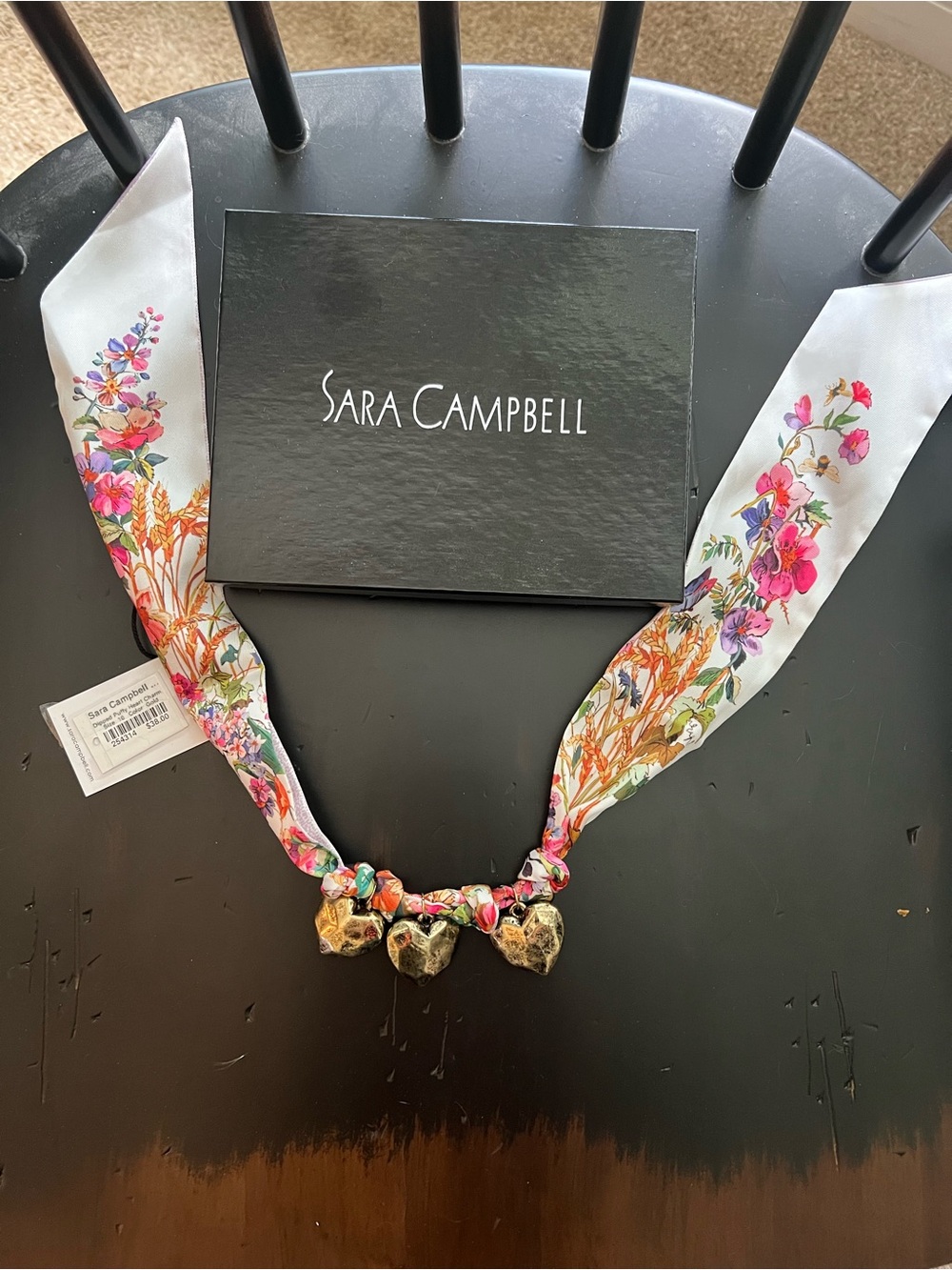 Sara Campbell Floral Silk Scarf Necklace in White with Multicolor Print